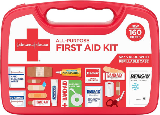 Johnson & Johnson All-Purpose Portable Compact First Aid Kit for Minor Cuts, Scrapes, Sprains & Burns, Ideal for Home, Car, Travel, Camping and Outdoor Emergencies, 160 pieces