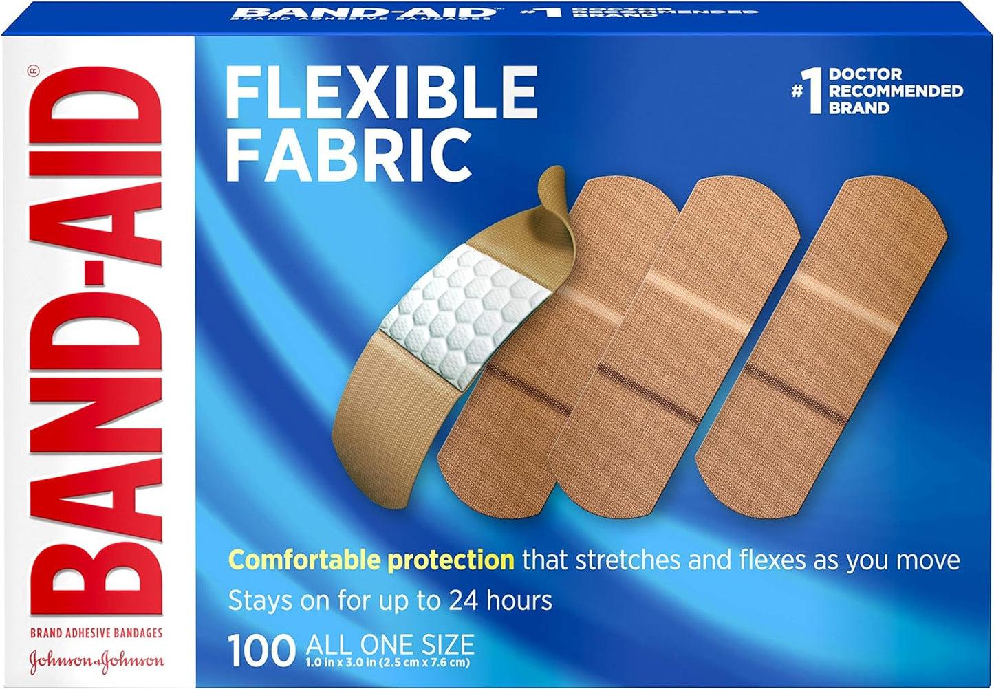 Band-Aid Brand Flexible Fabric Adhesive Bandages for First Aid and Wound Care, All One Size, 100 Count